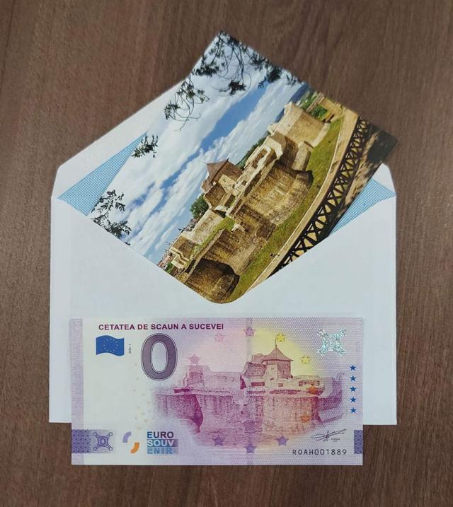 Bancnota suvenir de 0 euro, cu Cetatea de Scaun a Sucevei