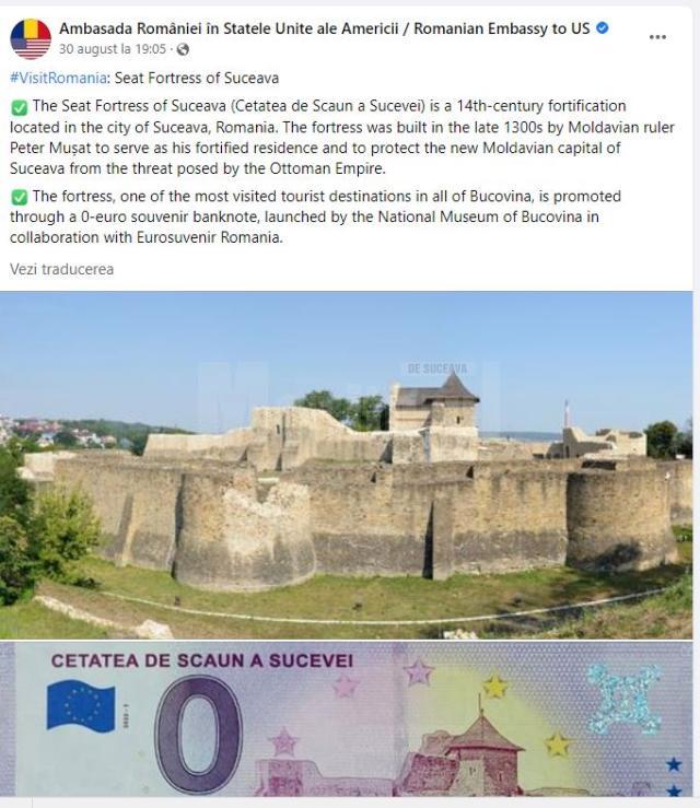 Ambasada României în SUA promovează bancnota de 0 euro cu Cetatea de Scaun și-i invită pe americani să viziteze Suceava
