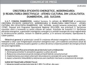 CREŞTEREA EFICIENŢEI ENERGETICE, MODERNIZAREA ŞI REABILITAREA OBIECTIVULUI - ATENEU CULTURAL DIN LOCALITATEA DUMBRĂVENI, JUD. SUCEAVA