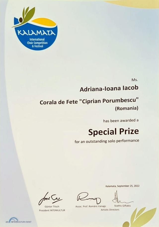 Două premii importante obținute de Corala de fete ,,Ciprian Porumbescu” a Colegiului Național ,,Ștefan cel Mare”, în Grecia