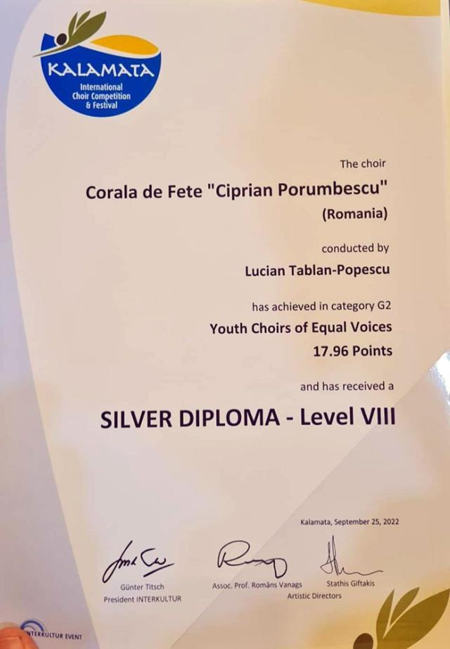Două premii importante obținute de Corala de fete ,,Ciprian Porumbescu” a Colegiului Național ,,Ștefan cel Mare”, în Grecia