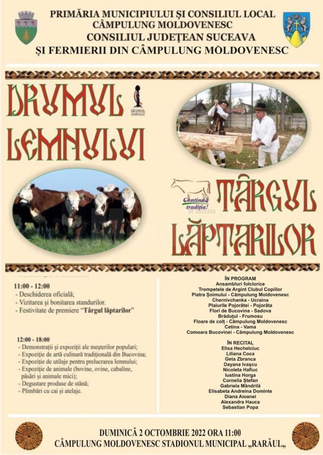 Târgul Lăptarilor și Festivalul Drumul Lemnului, duminică, la Câmpulung Moldovenesc