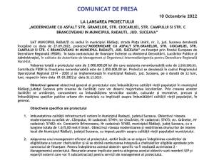 LA LANSAREA PROIECTULUI „MODERNIZARE CU ASFALT STR. GRANELOR, STR. CIOCARLIEI, STR. CAMPULUI SI STR. C BRANCOVEANU IN MUNICIPIUL RADAUTI, JUD. SUCEAVA”