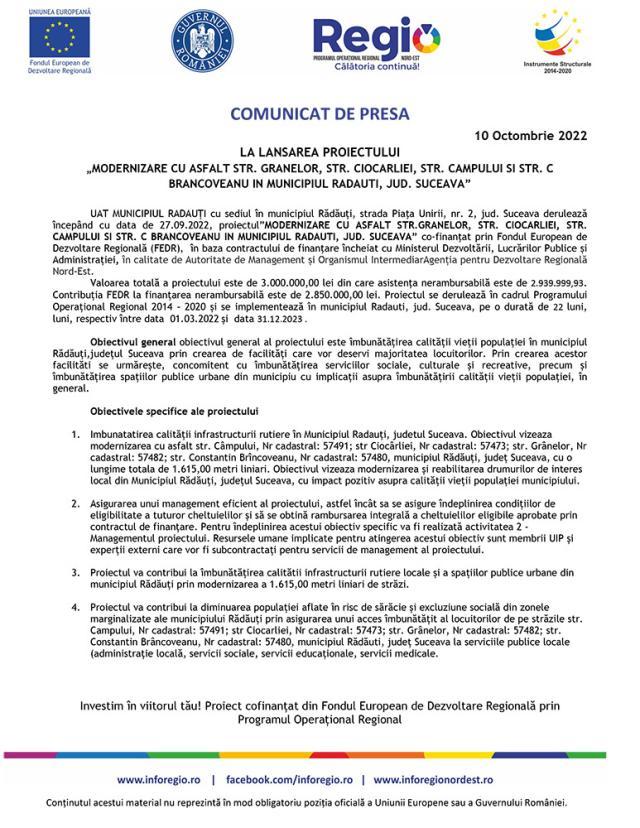 LA LANSAREA PROIECTULUI „MODERNIZARE CU ASFALT STR. GRANELOR, STR. CIOCARLIEI, STR. CAMPULUI SI STR. C BRANCOVEANU IN MUNICIPIUL RADAUTI, JUD. SUCEAVA”