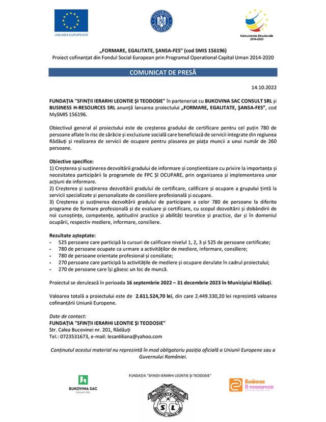 Lansarea proiectului „FORMARE, EGALITATE, ŞANSA-FES”, cod MySMIS 156196.