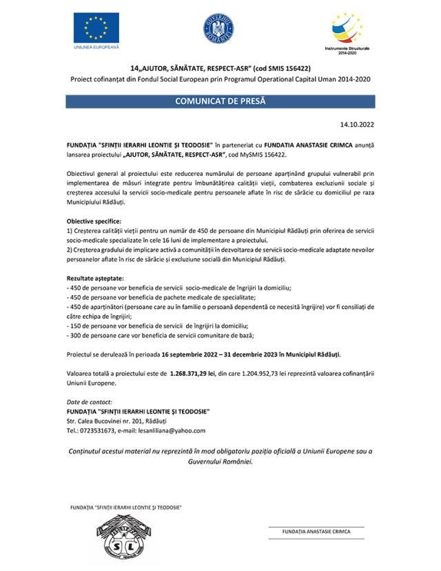 Lansarea proiectului „AJUTOR, SĂNĂTATE, RESPECT-ASR”, cod MySMIS 156422.