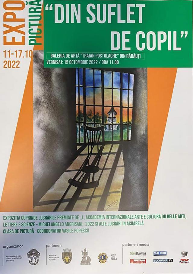 Expoziția de pictură „Din suflet de copil” și lansare de carte, astăzi, la Galeria de Artă „Traian Postolache” din Rădăuți