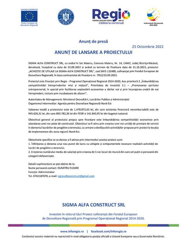 ANUNȚ DE LANSARE A PROIECTULUI - ACHIZIȚIE DE UTILAJE LA SIGMA ALFA CONSTRUCT SRL