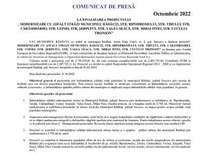 LA FINALIZAREA PROIECTULUI „ MODERNIZARE CU ASFALT STRĂZI MUNICIPIUL RĂDĂUȚI, STR. HIPODROMULUI, STR. TIRULUI, STR. CĂRĂMIDĂRIEI, STR. UZINEI, STR. ȘERPUITĂ, STR. VALEA SEACĂ, STR. MIHAI PITEI, STR. CUCULUI TRONSON”