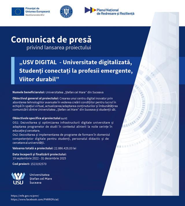 „USV DIGITAL – Universitate digitalizată,  Studenți conectați la profesii emergente, Viitor durabil”