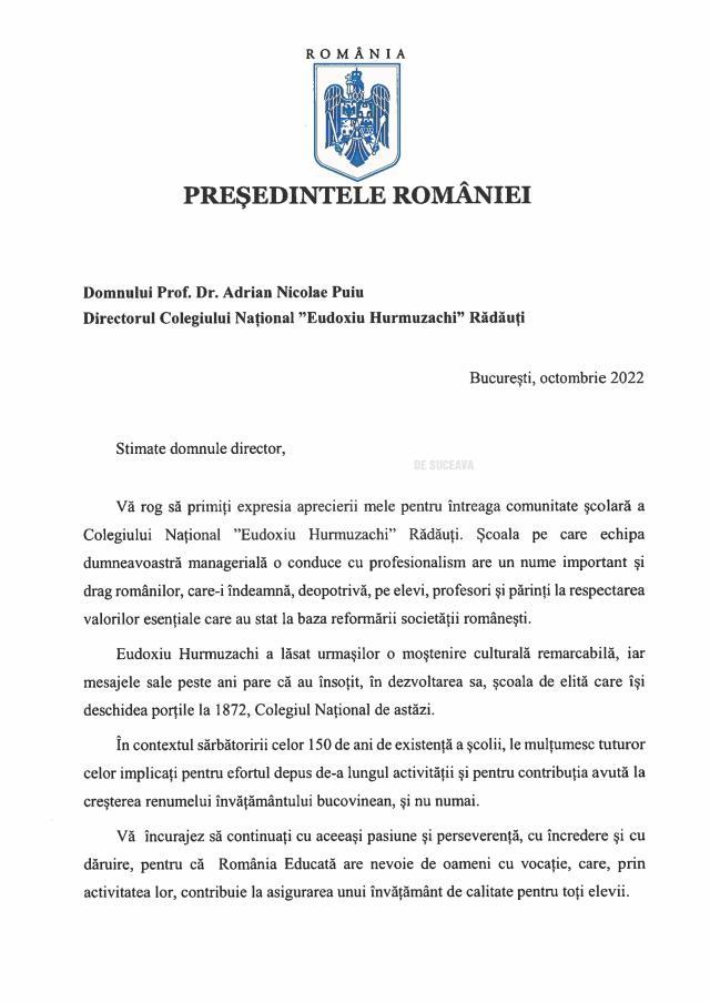 Scrisoare de apreciere trimisă de Președintele României, Klaus Werner Iohannis, Colegiului Național „Eudoxiu Hurmuzachi” din Rădăuți