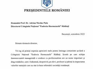 Scrisoare de apreciere trimisă de Președintele României Colegiului Național „Eudoxiu Hurmuzachi” din Rădăuți