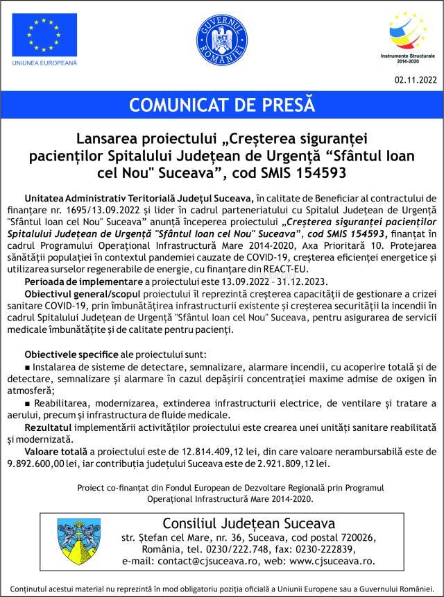 Lansarea proiectului „Creșterea siguranței pacienților Spitalului Județean de Urgență “Sfântul Ioan cel Nou" Suceava”, cod SMIS 154593