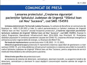 Lansarea proiectului „Creșterea siguranței pacienților Spitalului Județean de Urgență “Sfântul Ioan cel Nou" Suceava”, cod SMIS 154593