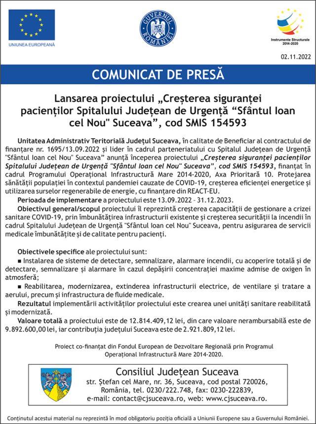 Lansarea proiectului „Creșterea siguranței pacienților Spitalului Județean de Urgență “Sfântul Ioan cel Nou" Suceava”, cod SMIS 154593