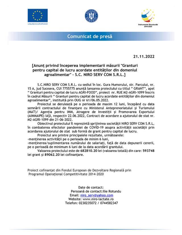 Anunț privind începerea implementarii măsurii "Granturi pentru capital de lucru acordate entităților din domeniul agroalimentar" - S.C. NIRO SERV COM S.R.L.]