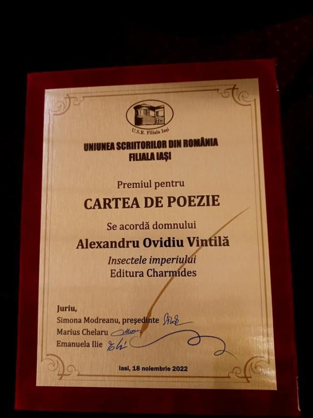 Poetul Alexandru Ovidiu Vintilă a primit Premiul pentru cartea de poezie al Uniunii Scriitorilor din România, Filiala Iași