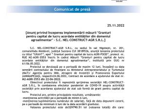 Anunț privind începerea implementării măsurii "Granturi pentru capital de lucru acordate entităților din domeniul agroalimentar" - S.C. NEL-CONSTRUCT-AGR S.R.L.