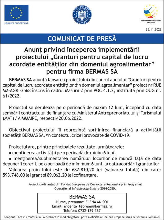 Anunț privind începerea implementării proiectului „Granturi pentru capital de lucru acordate entităților din domeniul agroalimentar” pentru firma BERMAS SA