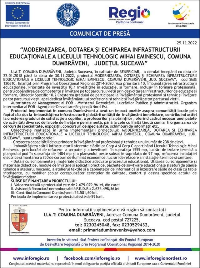 “MODERNIZAREA, DOTAREA ȘI ECHIPAREA INFRASTRUCTURII EDUCAȚIONALE A LICEULUI TEHNOLOGIC MIHAI EMINESCU, COMUNA DUMBRĂVENI,   JUDEȚUL SUCEAVA”