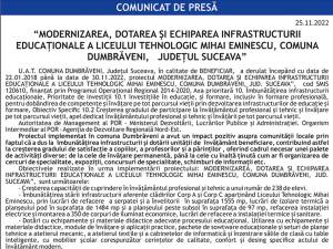 “MODERNIZAREA, DOTAREA ȘI ECHIPAREA INFRASTRUCTURII EDUCAȚIONALE A LICEULUI TEHNOLOGIC MIHAI EMINESCU, COMUNA DUMBRĂVENI, JUDEȚUL SUCEAVA”