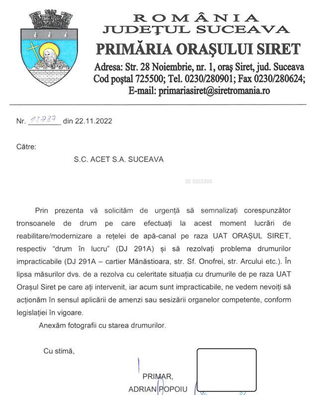 Somația trimisă de Primăria Siret către SC ACET SA Suceava