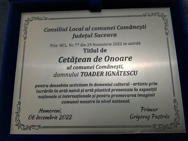 Diploma de „Cetățean de Onoare” al comunei Comănești înmânată meșterului Toader Ignătescu