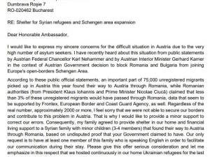Scrisoarea profesorului Mihai Dimian către ambasadoarea Austriei