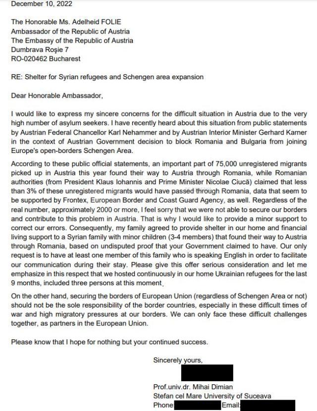 Scrisoarea profesorului Mihai Dimian către ambasadoarea Austriei