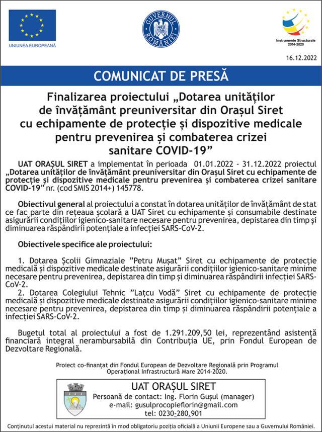 Finalizarea proiectului „Dotarea unităților de învățământ preuniversitar din Orașul Siret cu echipamente de protecție și dispozitive medicale pentru prevenirea și combaterea crizei sanitare COVID-19”