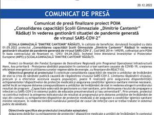 Comunicat de presă finalizare proiect POIM „Consolidarea capacității Școlii Gimnaziale „Dimitrie Cantemir” Rădăuți în vederea gestionării situației de pandemie generată de virusul SARS-COV-2”