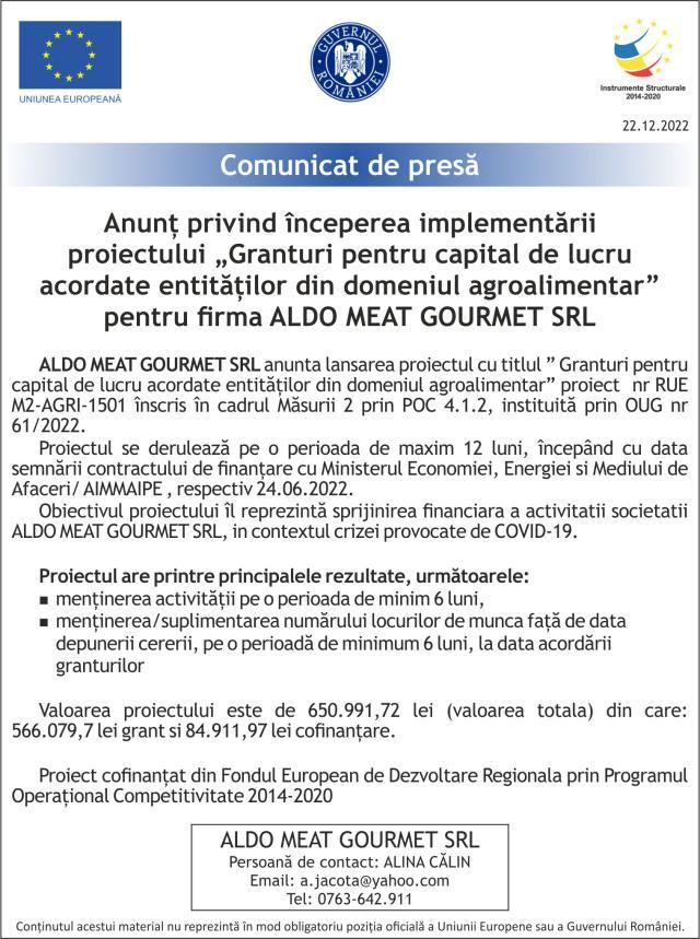 Anunț privind începerea implementării proiectului „Granturi pentru capital de lucru acordate entităților din domeniul agroalimentar” pentru firma ALDO MEAT GOURMET SRL