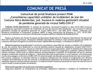 Comunicat de presă finalizare proiect POIM „Consolidarea capacității unităților de învățământ de stat din Comuna Vatra Moldoviței, jud.  Suceava în vederea gestionării situației de pandemie generată de virusul SARS-COV-2”