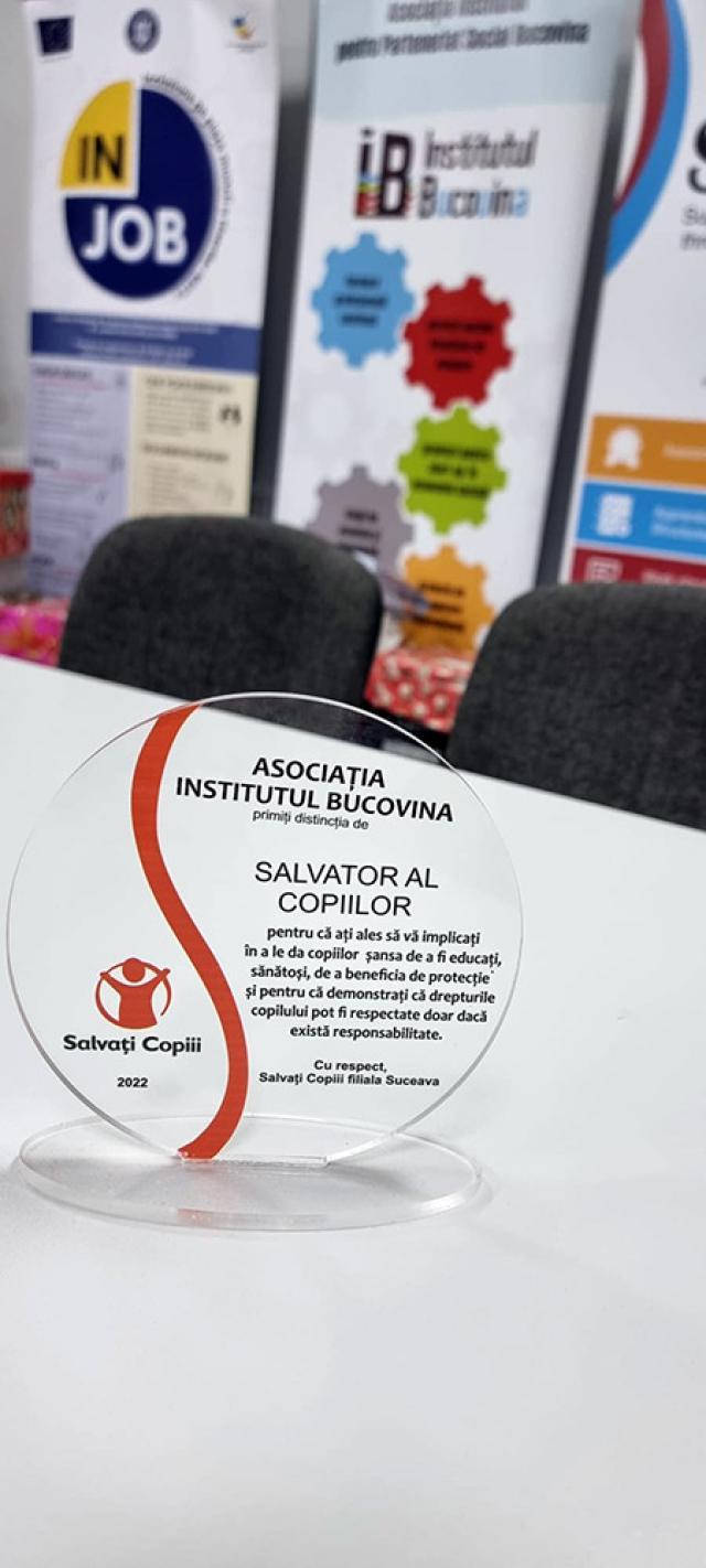 „Salvator al copiilor”, distincție primită de Asociația Institutul Bucovina, pentru activitățile sociale desfășurate anul trecut