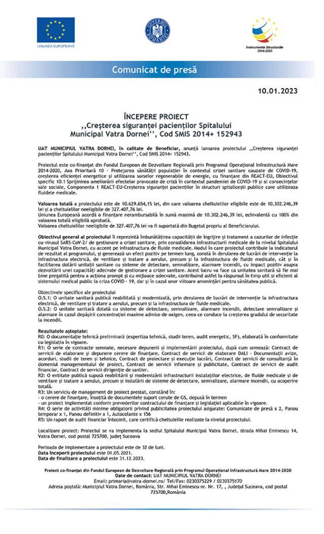 ÎNCEPERE PROIECT ,,Creșterea siguranței pacienților Spitalului Municipal Vatra Dornei’’, Cod SMIS 2014+ 152943