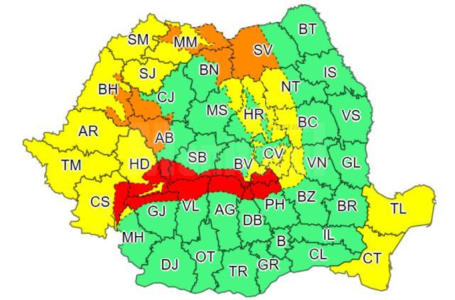 Cod portocaliu în jumătatea vestică a județului Suceava, cod galben și roșu în alte zone ale țării