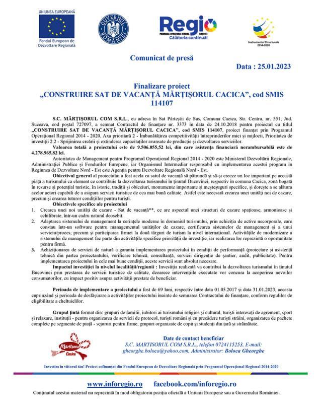 Finalizare proiect  „CONSTRUIRE SAT DE VACANȚĂ MĂRȚIȘORUL CACICA”, cod SMIS 114107