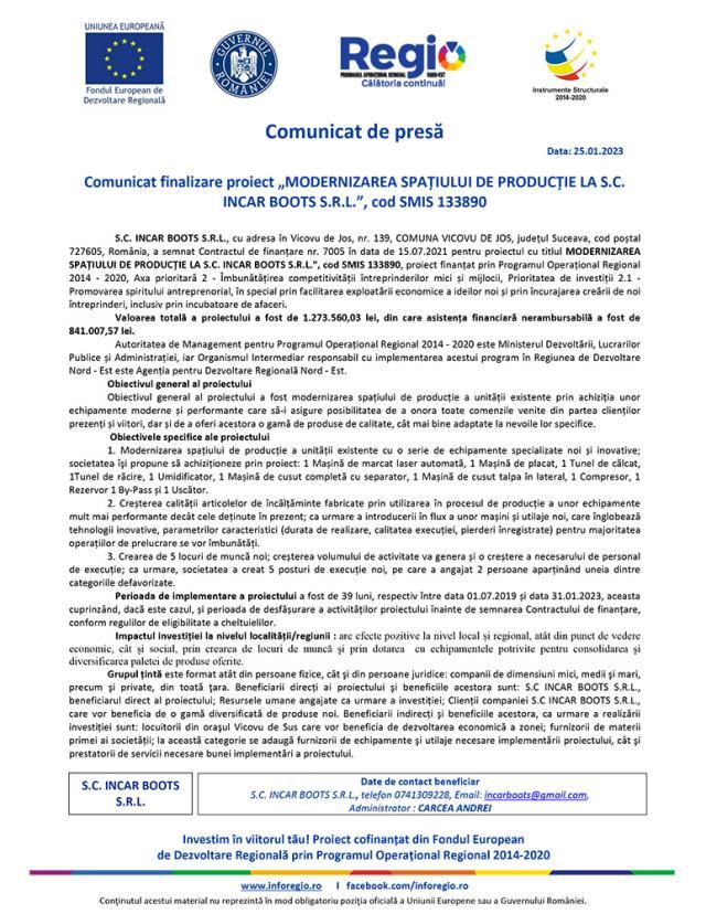 Comunicat finalizare proiect „MODERNIZAREA SPAȚIULUI DE PRODUCȚIE LA S.C. INCAR BOOTS S.R.L.”, cod SMIS 133890