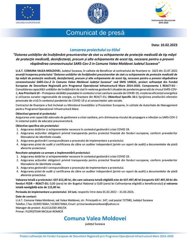 Lansarea proiectului cu titlul “Dotarea unităților de învățământ preuniversitar de stat cu echipamente de protecție medicală de tip măști de protecție medicală, dezinfectanți, precum și alte echipamente de acest tip, necesare pentru a preveni răspân