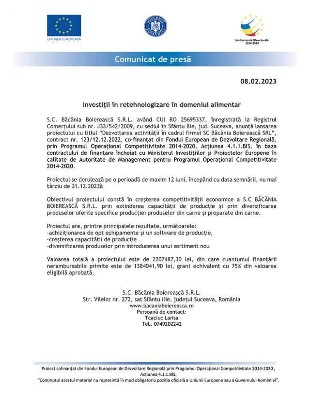 Investiții în retehnologizare în domeniul alimentar