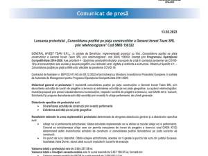 Lansarea proiectului „Consolidarea pozitiei pe piața constructiilor a General Invest Team SRL prin retehnologizare” Cod SMIS 158322