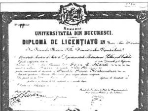 Diplomă de licenţă eliberată de Facultatea de Ştiinţe, 1874