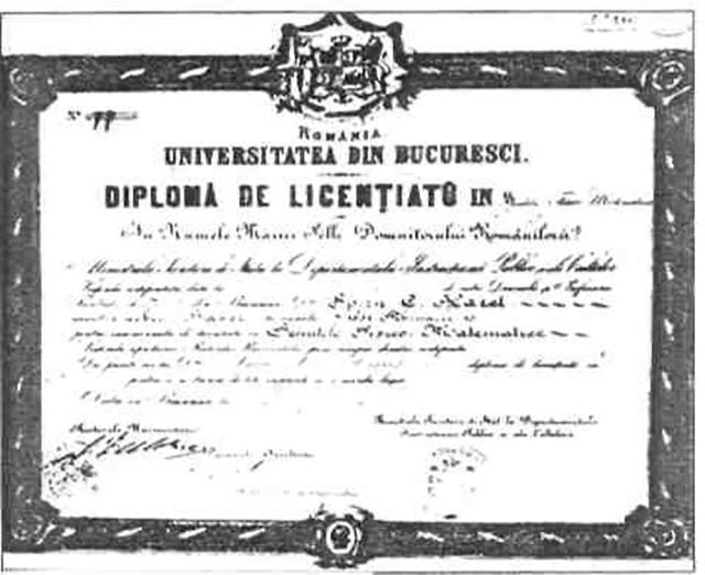 Diplomă de licenţă eliberată de Facultatea de Ştiinţe, 1874