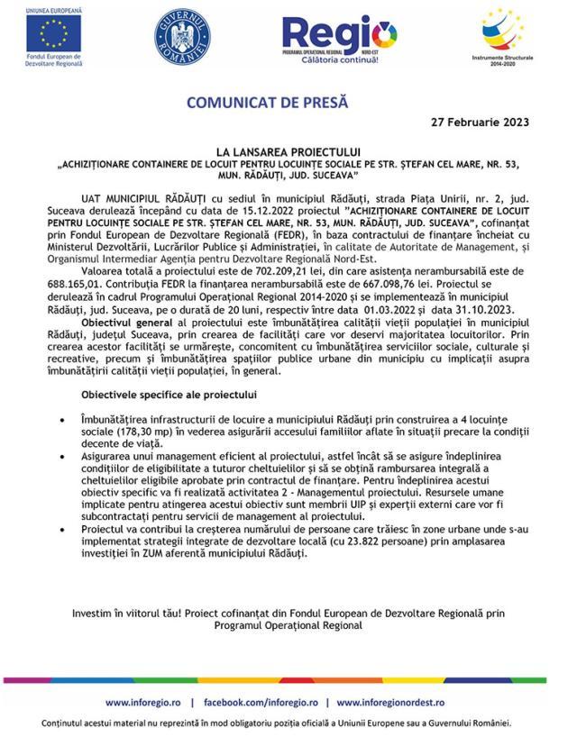 LA LANSAREA PROIECTULUI „ACHIZIȚIONARE CONTAINERE DE LOCUIT PENTRU LOCUINȚE SOCIALE PE STR. ȘTEFAN CEL MARE, NR. 53, MUN. RĂDĂUȚI, JUD. SUCEAVA”