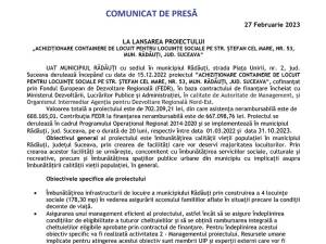 LA LANSAREA PROIECTULUI „ACHIZIȚIONARE CONTAINERE DE LOCUIT PENTRU LOCUINȚE SOCIALE PE STR. ȘTEFAN CEL MARE, NR. 53, MUN. RĂDĂUȚI, JUD. SUCEAVA”