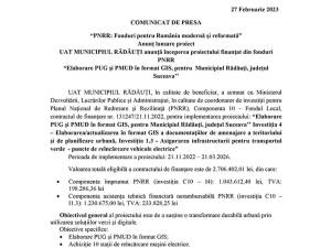 “PNRR: Fonduri pentru România modernă și reformată” Anunț lansare proiect UAT MUNICIPIUL RĂDĂUȚI anunţă începerea proiectului finanţat din fonduri PNRR “Elaborare PUG și PMUD în format GIS, pentru  Municipiul Rădăuţi, judeţul Suceava’’