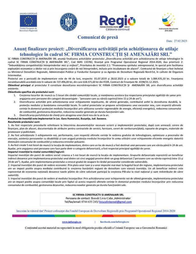 Anunț finalizare proiect: „Diversificarea activității prin achiziționarea de utilaje tehnologice în cadrul SC FIRMA CONSTRUCȚII ȘI AMENAJĂRI SRL”