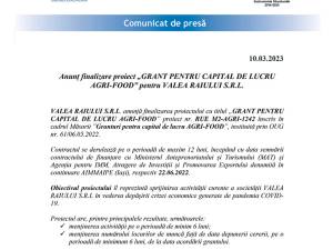 Anunț finalizare proiect „GRANT PENTRU CAPITAL DE LUCRU AGRI-FOOD” pentru VALEA RAIULUI S.R.L.