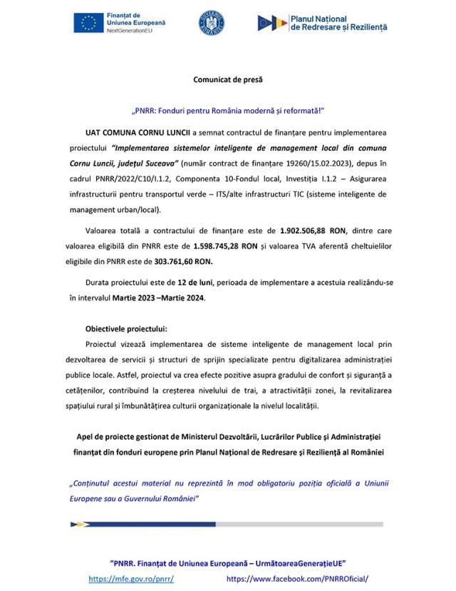 „PNRR: Fonduri pentru România modernă și reformată!” - Implementarea  sistemelor  inteligente  de  management  local  din  comuna  Cornu  Luncii,  județul  Suceava”