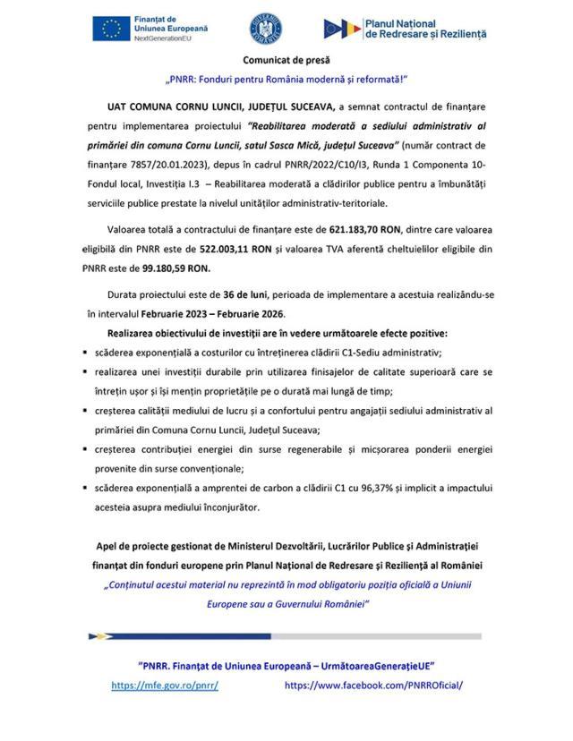 „PNRR: Fonduri pentru România modernă și reformată!” - Reabilitarea moderată a sediului administrativ al primăriei din comuna Cornu Luncii, satul Sasca Mică, județul Suceava